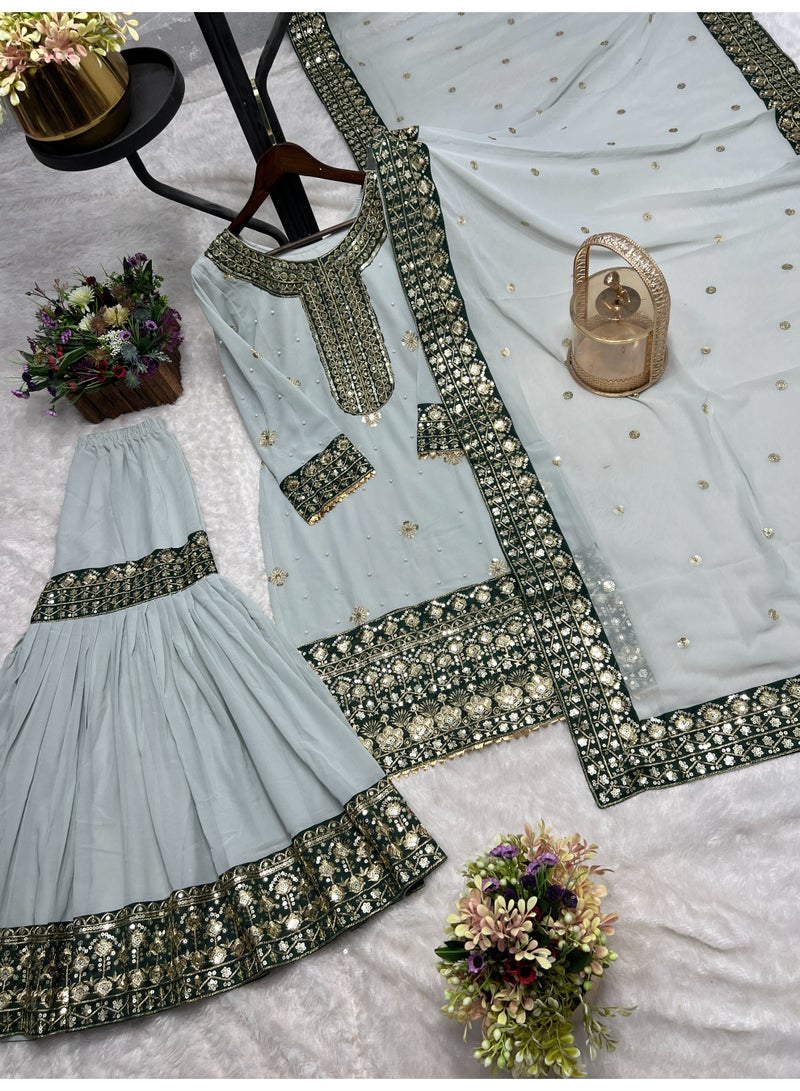 Super Asian Heavy Faux Georgette & Bangalore Satin Embroidered Sharara Set with Riveted Moti Work & Lace Border - Image 2