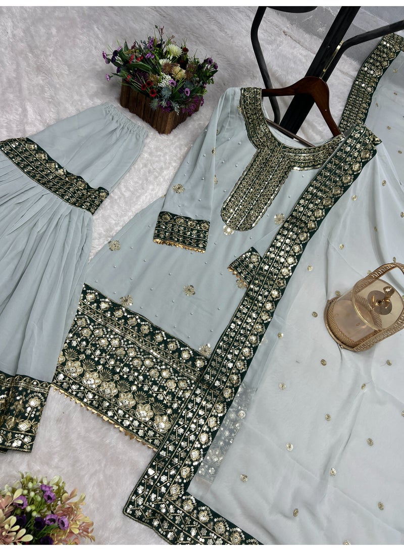 Super Asian Heavy Faux Georgette & Bangalore Satin Embroidered Sharara Set with Riveted Moti Work & Lace Border - Image 5