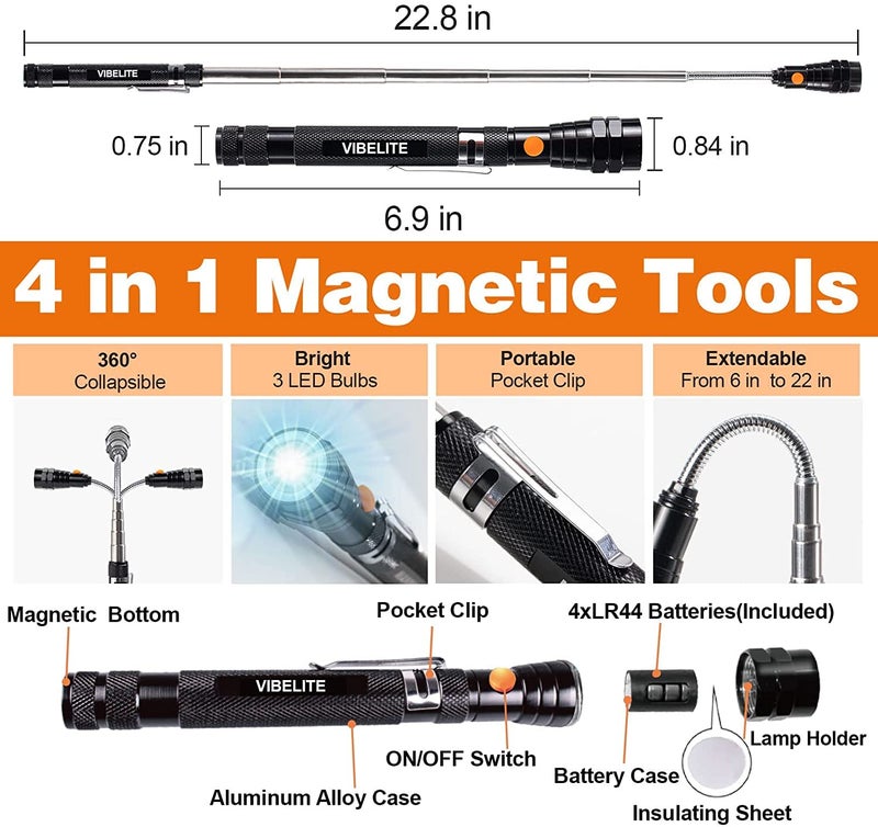 VIBELITE Magnetic Pickup Tool and 6 in 1 Multitool Pen with Touch Screen Stylus, Rulers, Bubble Level, Flathead, Phillips Screwdriver, Ballpoint Pen, Birthday Gifts for Men, Husband, Boyfriend, 2 Pack - Image 2