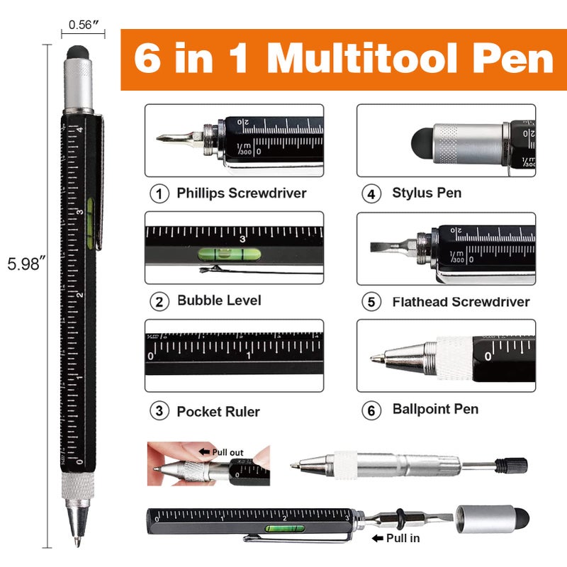 VIBELITE Magnetic Pickup Tool and 6 in 1 Multitool Pen with Touch Screen Stylus, Rulers, Bubble Level, Flathead, Phillips Screwdriver, Ballpoint Pen, Birthday Gifts for Men, Husband, Boyfriend, 2 Pack - Image 4