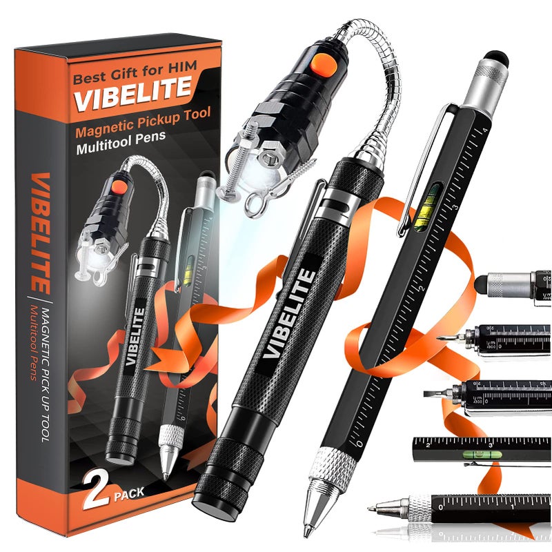 VIBELITE Magnetic Pickup Tool and 6 in 1 Multitool Pen with Touch Screen Stylus, Rulers, Bubble Level, Flathead, Phillips Screwdriver, Ballpoint Pen, Birthday Gifts for Men, Husband, Boyfriend, 2 Pack - Image 1