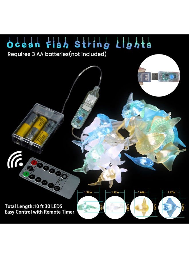 JASHIKA Ocean Themed Marine Life Fairy String Lights, Nautical Décor Beluga Manta Ray Sunfish Whale Shark Cute Decorative Lights USB Operated 30 LEDs 10ft for Bedroom Christmas Tree Ornaments Holiday Party - Image 4