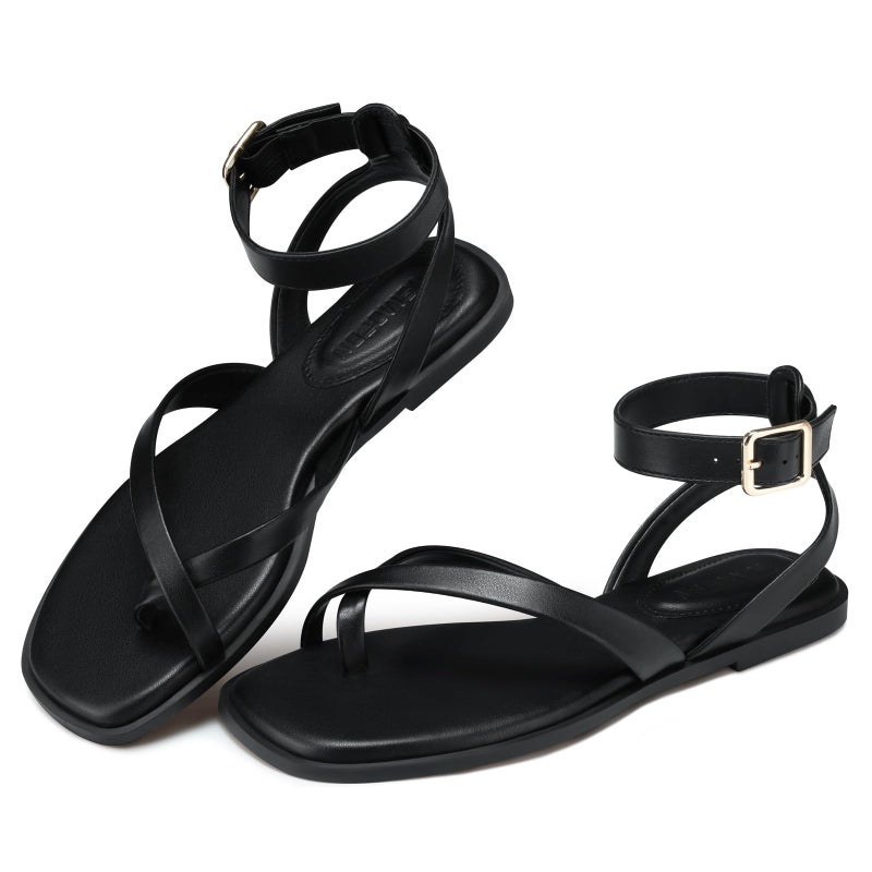 TEMOFON Flat Sandals for Women Dressy: Comfortable Open Toe Sandals Summer Casual Shoes Black Size 8 - Image 1