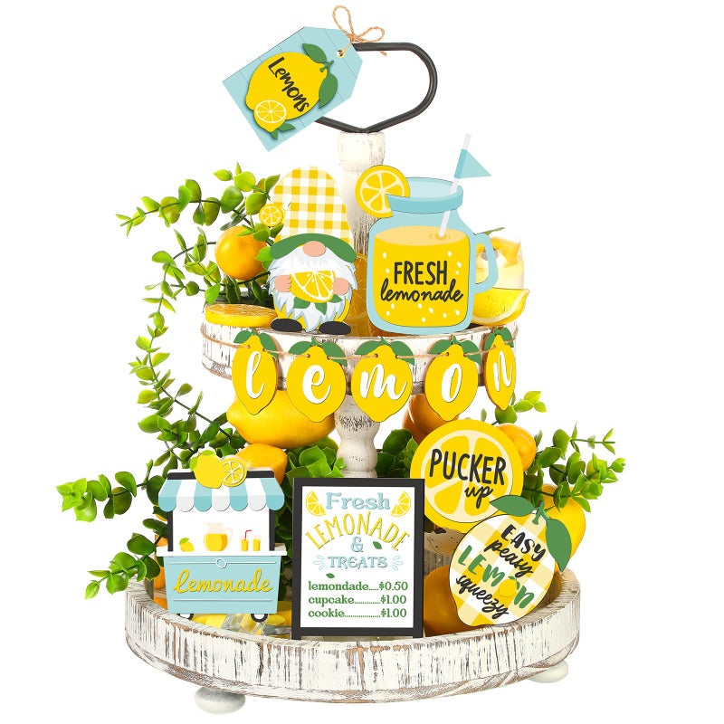 ديكور صينية الليمون المتدرجة من هوليري 12 قطعة، لافتة خشبية قائمة ليمونادة طازجة، ديكور مزرعة ريفية، كتل ليمون صفراء لتزيين المطبخ والمنزل والطاولة