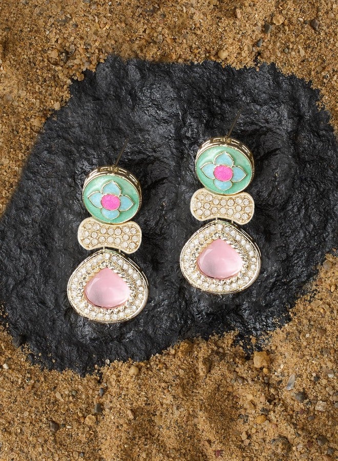 Zaveri Pearls أقراط متدلية من اللؤلؤ متعدد الألوان بتقنية ميناكاري مرصعة بأحجار لامعة وألماس نمساوي للنساء - ZPFK18900 - Image 2