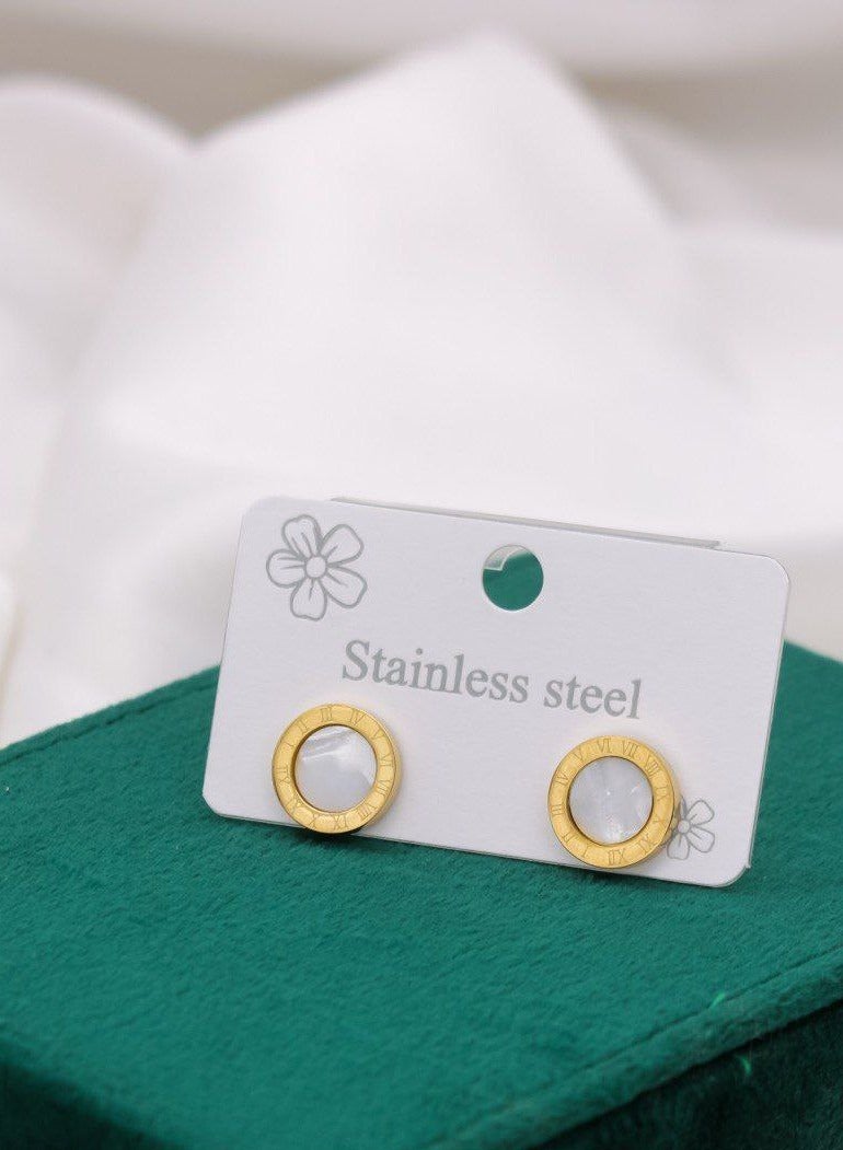 Stainless Steel Two-Tone Circle Stud Earrings, Gold and Silver  - Image 1