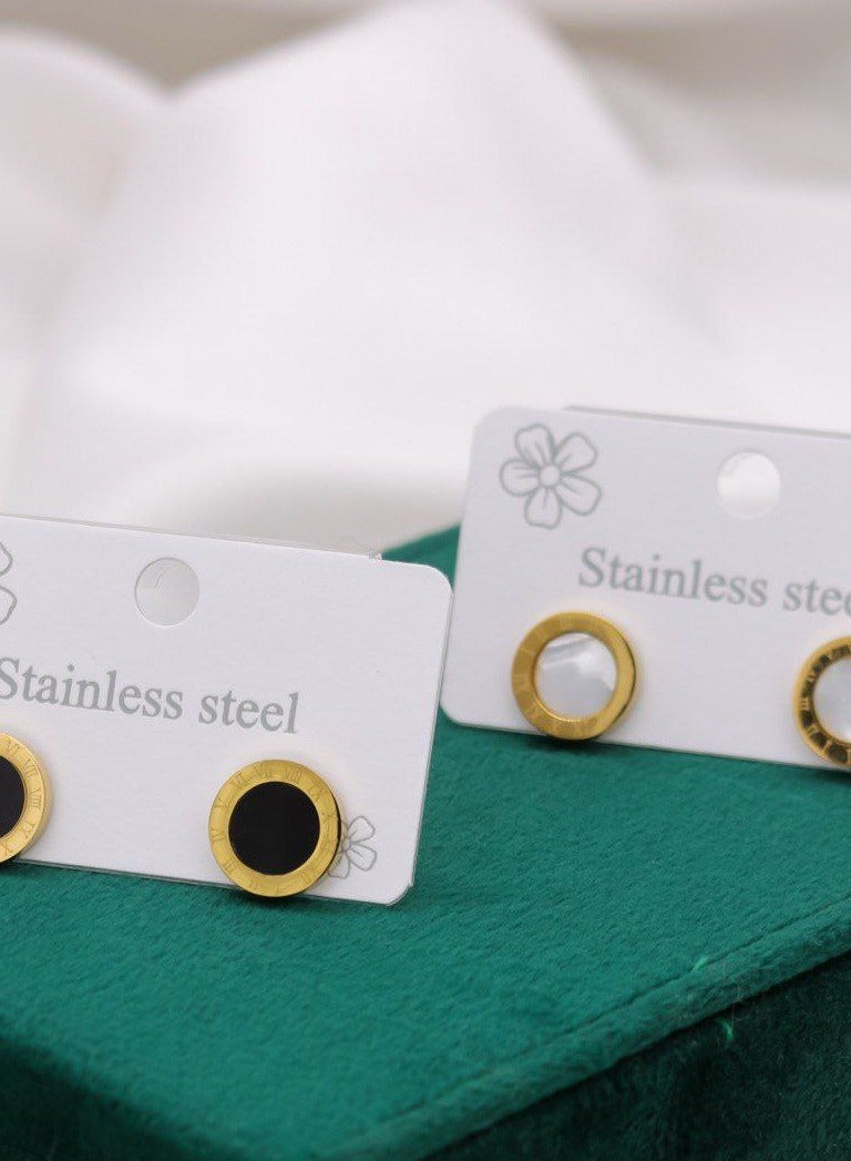 Stainless Steel Two-Tone Circle Stud Earrings, Gold and Silver  - Image 2