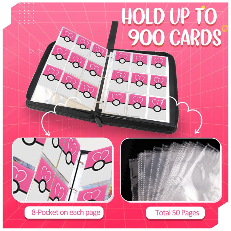 Easyfun 900 - Pockets Trading Card Binder with Removable 50 Sleeves, Card Collector Album with Zipper, Portable Card Holder Book Fits Sports Card, Game Card - Pink - Image 4