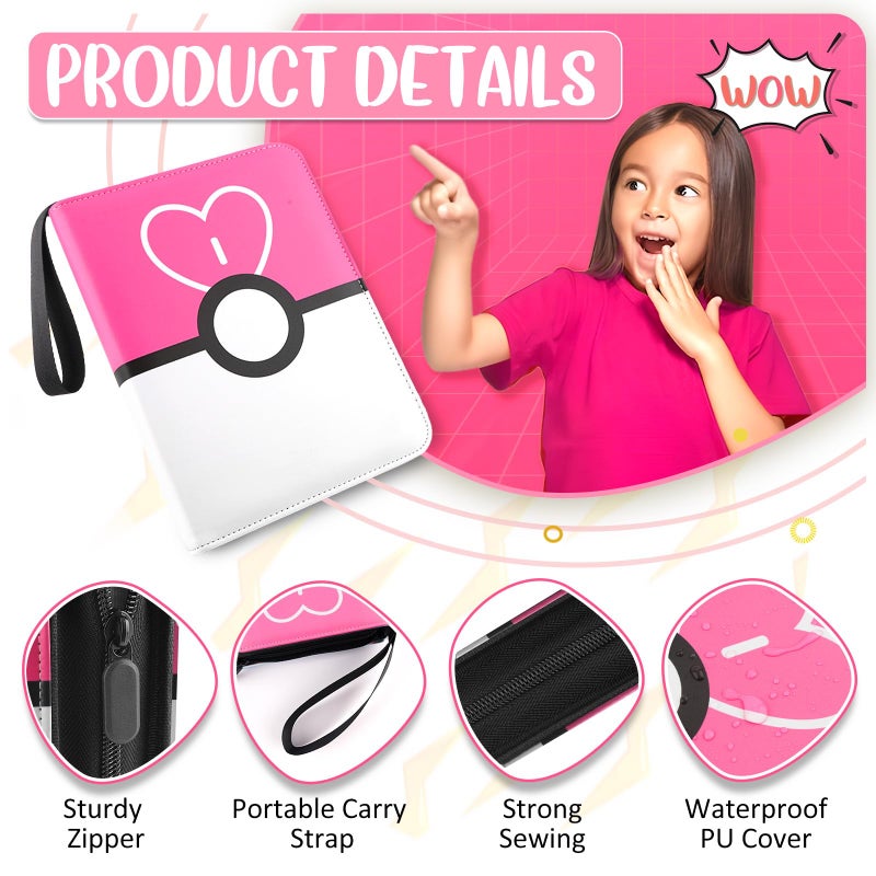 Easyfun 900 - Pockets Trading Card Binder with Removable 50 Sleeves, Card Collector Album with Zipper, Portable Card Holder Book Fits Sports Card, Game Card - Pink - Image 3
