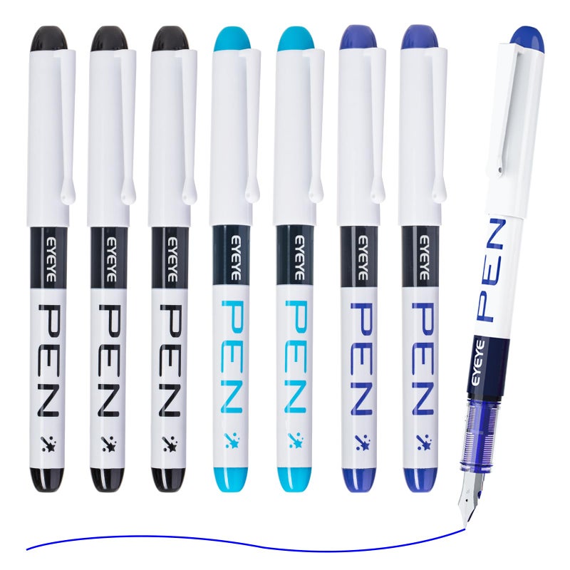 EYEYE Disposable Fountain Pens, 8 Pack 3 Colors Fine Point Pens Stainless Steel Nib, Fountain Pens Smooth Writing for Journaling, Drafting, Sketching, Doodling & Office Supplies - Image 1