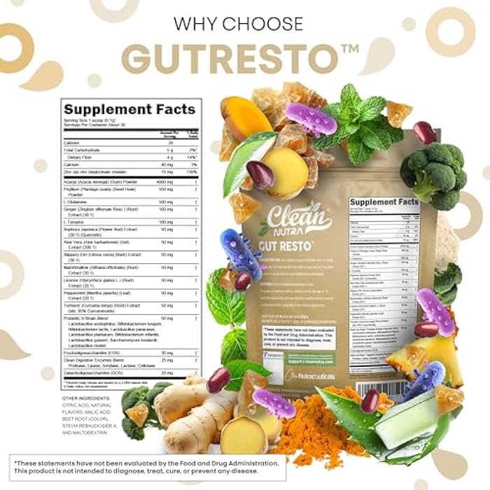Clean Nutraceuticals GutResto Fiber Supplement Psyllium Husk Powder Ginger Digestive Enzymes Probiotic Peppermint Licorice Aloe Vera Marshmallow Root Turmeric Supplement Slippery Elm Gut Health Prebiotics by Clean Nutra - Image 4