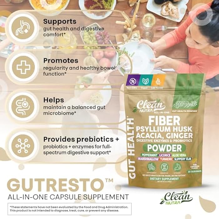 Clean Nutraceuticals GutResto Fiber Supplement Psyllium Husk Powder Ginger Digestive Enzymes Probiotic Peppermint Licorice Aloe Vera Marshmallow Root Turmeric Supplement Slippery Elm Gut Health Prebiotics by Clean Nutra - Image 5