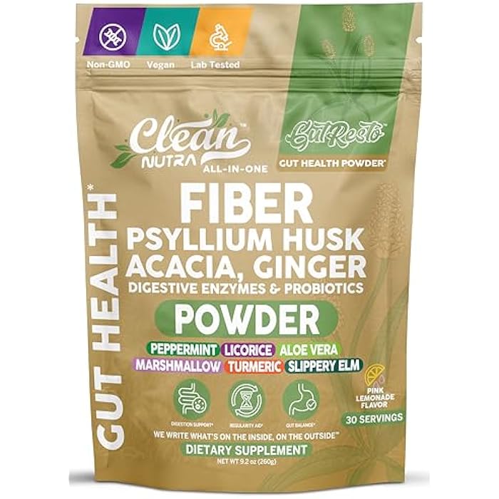 Clean Nutraceuticals GutResto Fiber Supplement Psyllium Husk Powder Ginger Digestive Enzymes Probiotic Peppermint Licorice Aloe Vera Marshmallow Root Turmeric Supplement Slippery Elm Gut Health Prebiotics by Clean Nutra - Image 1