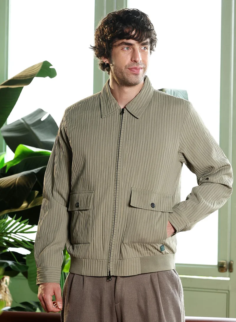 Campus Sutra Men Zip-Front Crushed-Tactile Jacket | Point Collar, Long Button-Cuff Sleeves | Zipper , Ribbed-Straight Hem | Solid Textured | Woven Fabric For Casual & Daily Wear | Light Olive