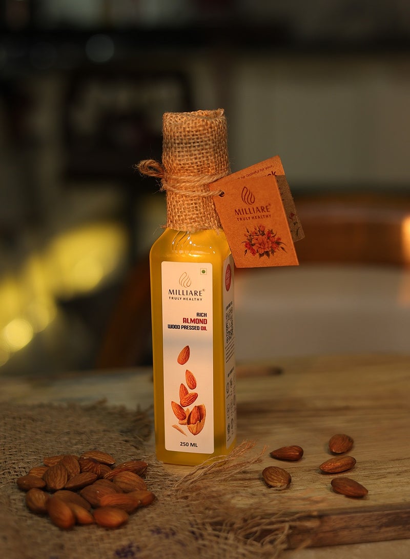 Milliare Rich Almond (Badam) Wood Pressed Oil - 100% Pure & Rich in Vitamin E for Body, Skin,Hair & Baby massage | Natural Almond Oil | Essential Oil | 250 ml - Non Preservative Oil - Image 1
