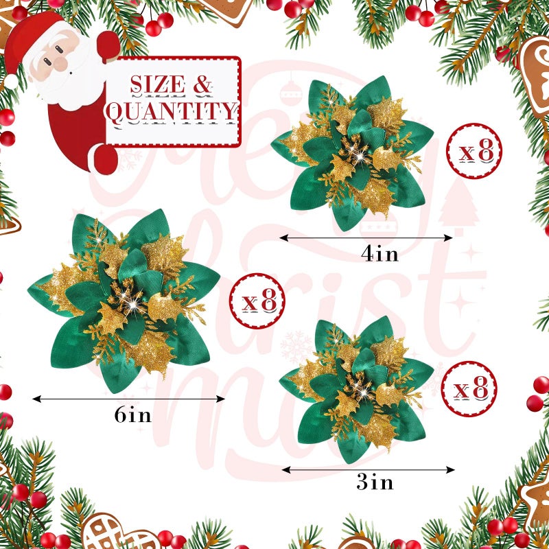 Geosar 24 Christmas Glitter Artificial Poinsettia Flowers Xmas Poinsettia Artificial Wedding Flowers Decorations Xmas Tree Ornaments with Clips for Party Favors  6 Inch  4 Inch  3 Inch (Green  Gold) - Image 2