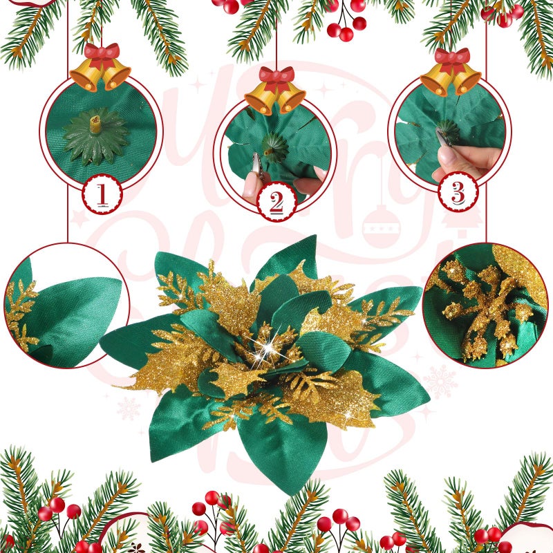 Geosar 24 Christmas Glitter Artificial Poinsettia Flowers Xmas Poinsettia Artificial Wedding Flowers Decorations Xmas Tree Ornaments with Clips for Party Favors  6 Inch  4 Inch  3 Inch (Green  Gold) - Image 3