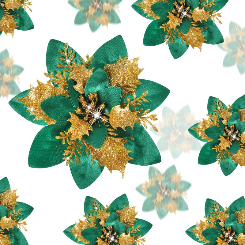 Geosar 24 Christmas Glitter Artificial Poinsettia Flowers Xmas Poinsettia Artificial Wedding Flowers Decorations Xmas Tree Ornaments with Clips for Party Favors  6 Inch  4 Inch  3 Inch (Green  Gold) - Image 1
