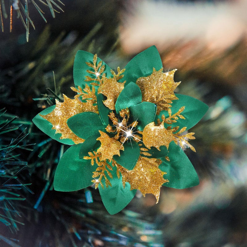 Geosar 24 Christmas Glitter Artificial Poinsettia Flowers Xmas Poinsettia Artificial Wedding Flowers Decorations Xmas Tree Ornaments with Clips for Party Favors  6 Inch  4 Inch  3 Inch (Green  Gold) - Image 5