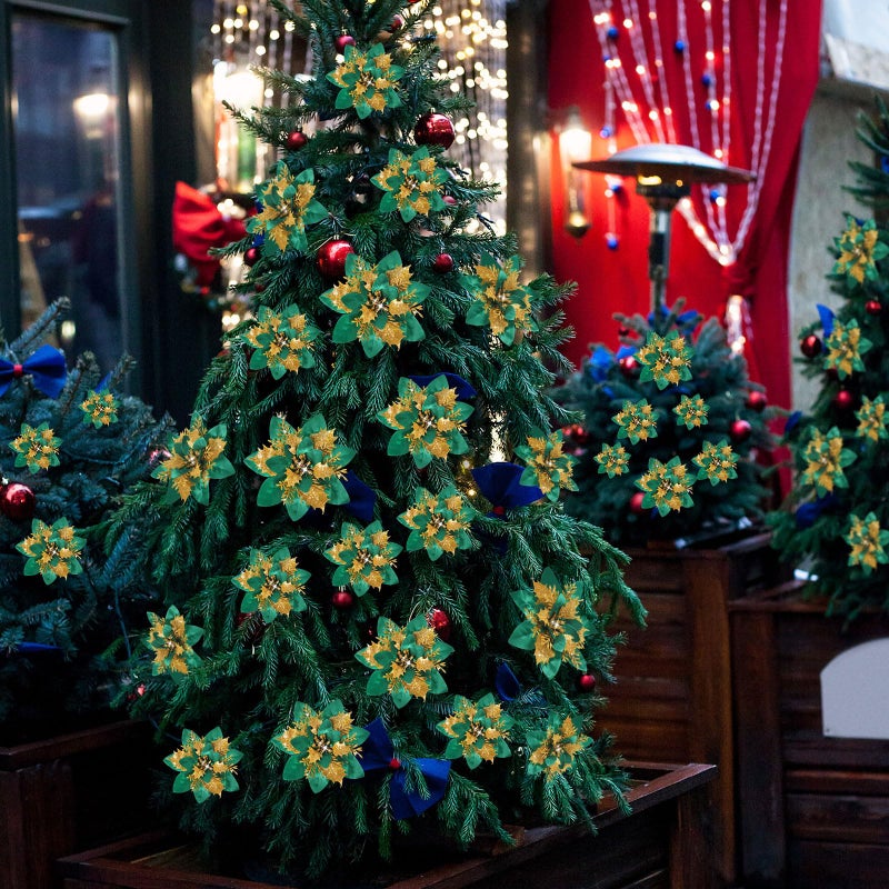 Geosar 24 Christmas Glitter Artificial Poinsettia Flowers Xmas Poinsettia Artificial Wedding Flowers Decorations Xmas Tree Ornaments with Clips for Party Favors  6 Inch  4 Inch  3 Inch (Green  Gold) - Image 4
