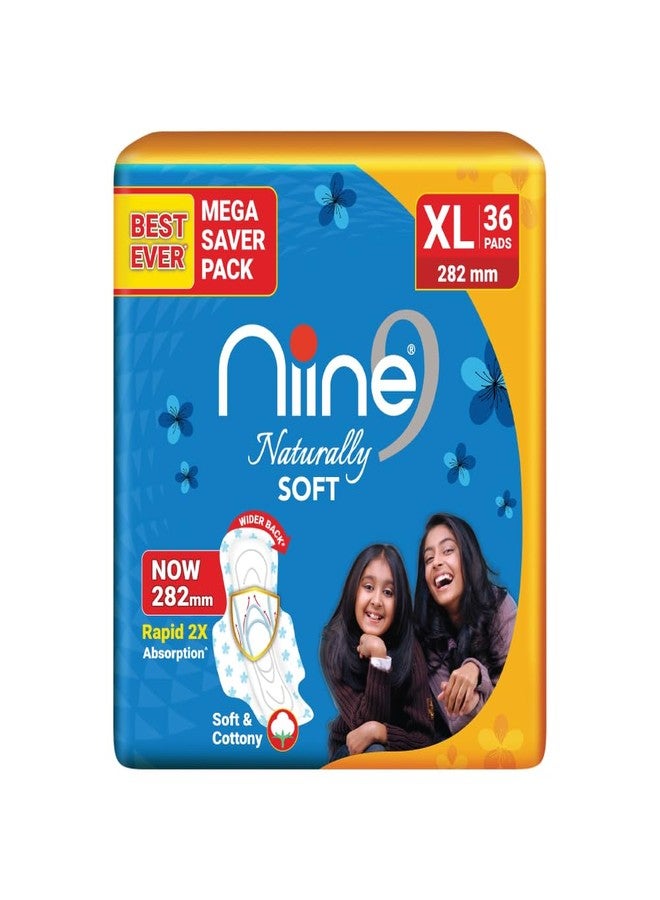 NIINE Naturally Soft XL Sanitary Pads for Women | 282mm Long | Cottony Soft Top Cover | Anti Leak Lock Channel| 2X Absorbent| for Heavy Flow| 36 Pads - Image 1