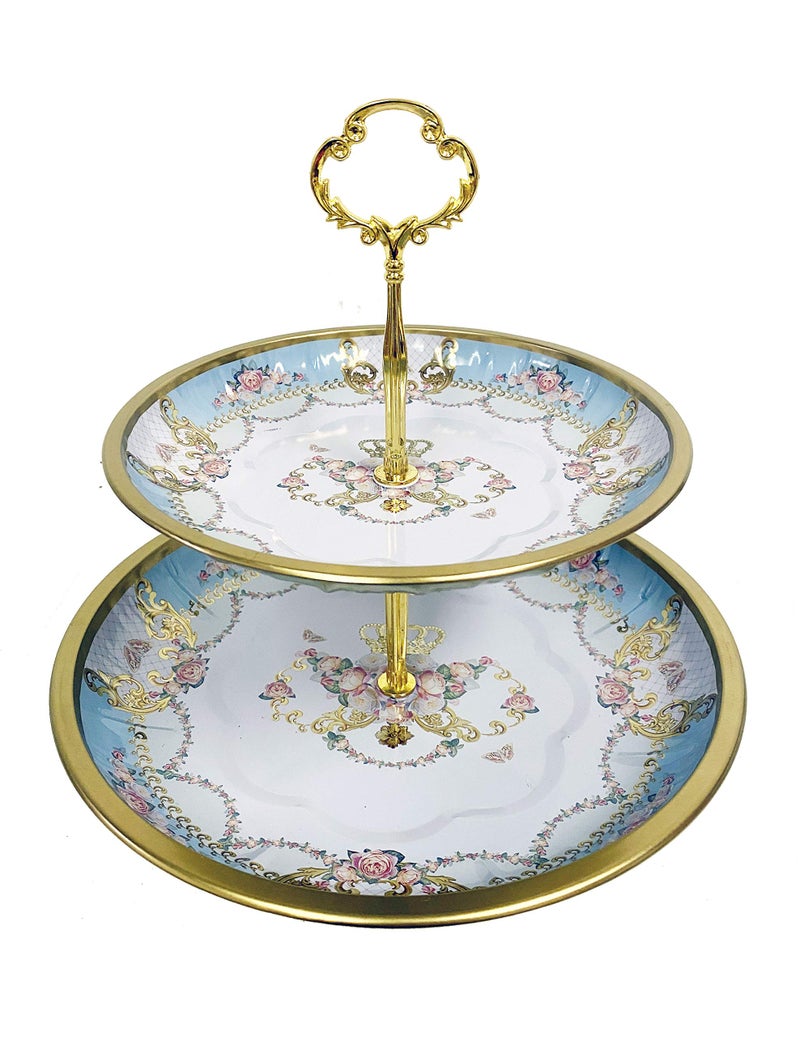 Charmed Vintage Floral pattern 2 tier cake and pastry stand server Blue Crown
