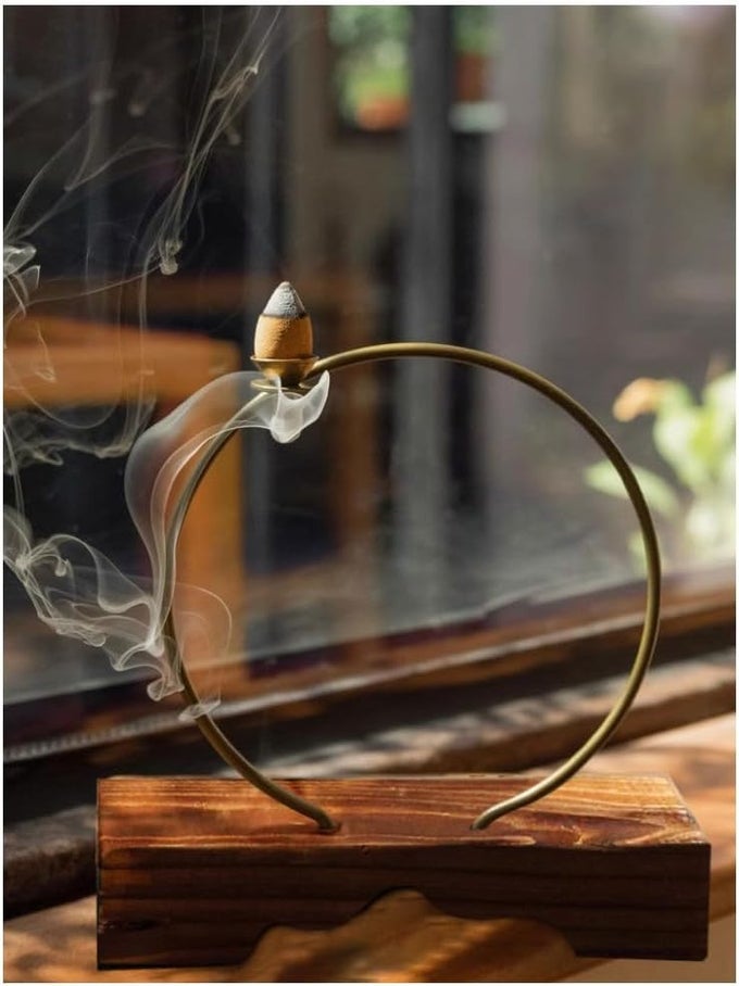 Metal Waterfall Incense Holder with Wood Base Backflow Incense Burner Cone Incense Holders Ornament Decoration for Spa Office Bedroom and Yoga