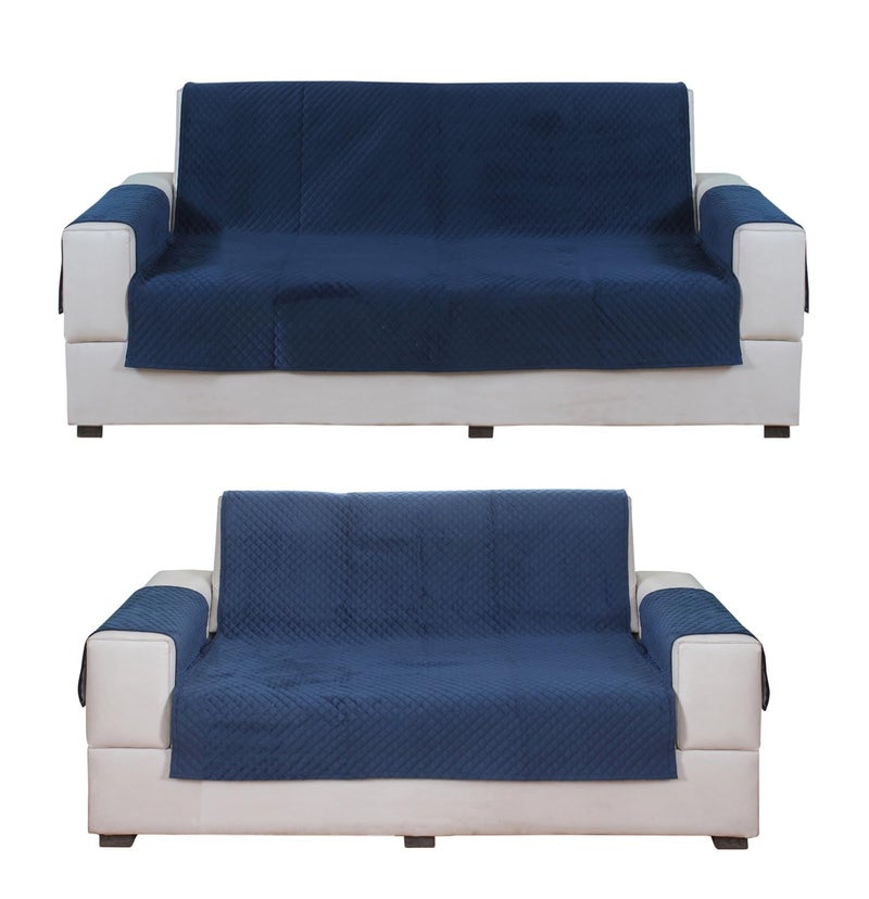Nendle Latest Quilted Velvet Universal Protector Sofa Cover 3 Seater and 2 Seater|Sofa Cover L Shape 5 Seater Velvet for Living Room with Handle Cover (Navy Blue, Pack of 2) - Image 1