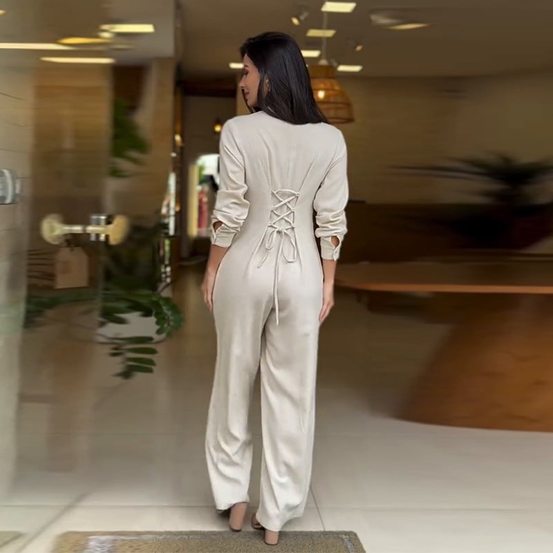 Women'S Single-Breasted Back Lace-Up White Casual Pants - Image 4