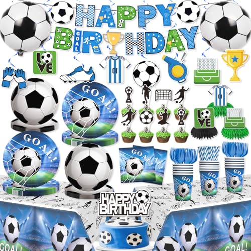 Yingoto 179pcs Soccer Birthday Party Decorations Complete Party Tableware Set for 25 Guests Soccer Party Decorations includes HD Printed 300 gsm Thick Paper Plates Waterproof Tablecloth - Image 1