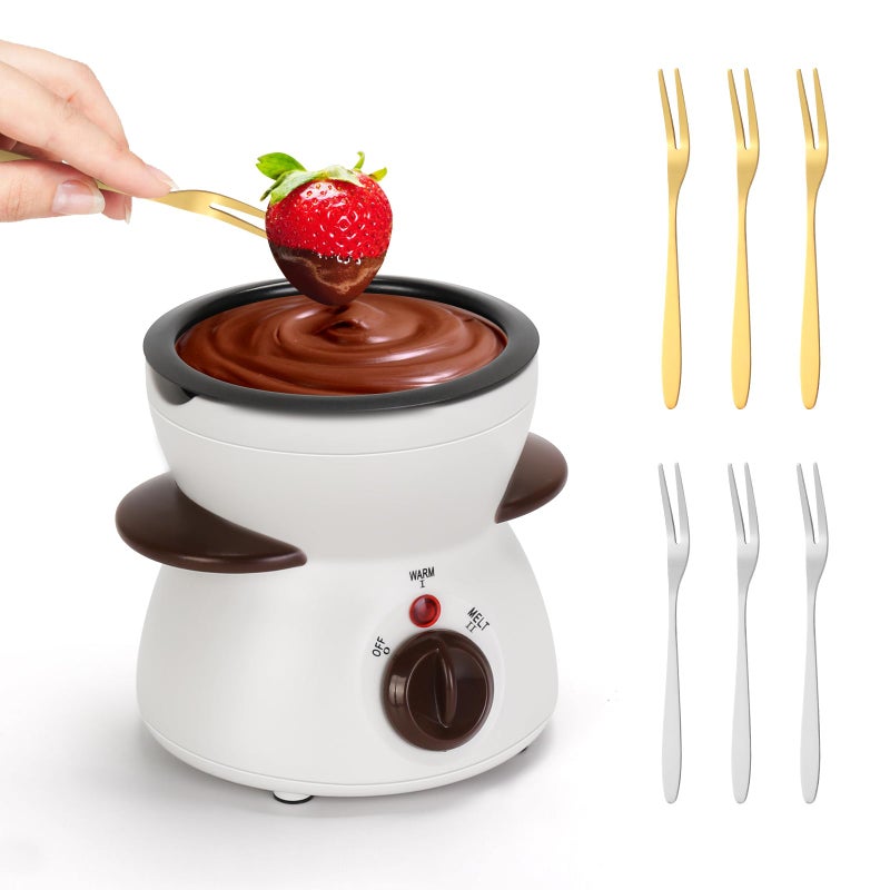 VAlinks Mini Chocolate Fondue Pot Electric Chocolate Melting Pot with 6pcs Artistic Forks Perfect for Childrens Party Christmas Gifts White