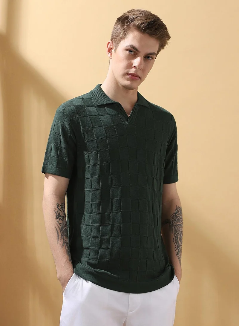 Dennis Lingo Men's Green 100% Cotton Textured Regular Fit T-Shirt