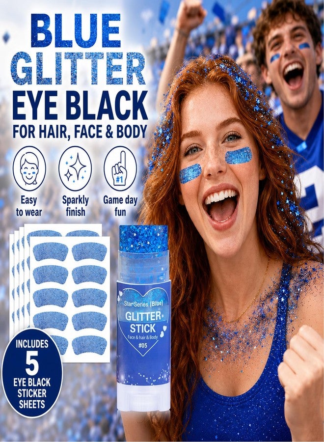 Paminify Blue Hair Glitter Stick and Eye Black Stickers Kit,50 Pcs Waterproof Cheer Glitter Eye Sticker for Football Baseball Soccer Sports,Team Royal Blue Face Body Glitter Spirit Accessories - Image 2