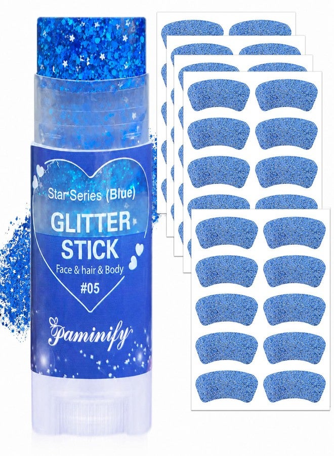Paminify Blue Hair Glitter Stick and Eye Black Stickers Kit,50 Pcs Waterproof Cheer Glitter Eye Sticker for Football Baseball Soccer Sports,Team Royal Blue Face Body Glitter Spirit Accessories - Image 1