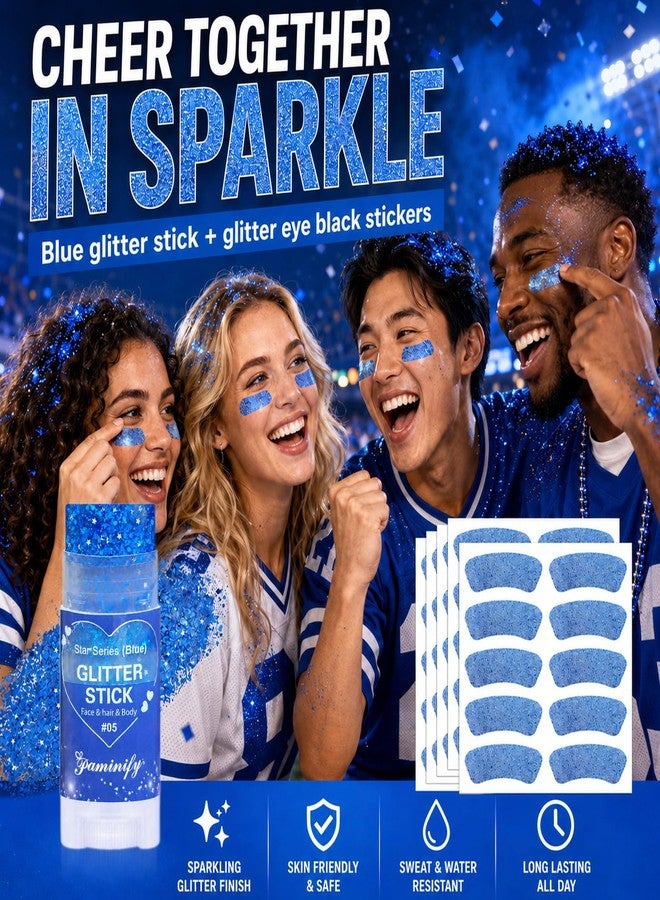 Paminify Blue Hair Glitter Stick and Eye Black Stickers Kit,50 Pcs Waterproof Cheer Glitter Eye Sticker for Football Baseball Soccer Sports,Team Royal Blue Face Body Glitter Spirit Accessories - Image 4