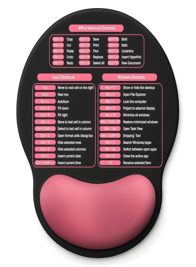 Senetem Mouse Pad with Wrist Rest - Ergonomic Memory Foam Support, Small Cute Excel Cheat Sheet Mousepad with Windows & Office Shortcuts, Non-Slip PU Base, for Computer Desk Laptop Travel, Black Pink - Image 1
