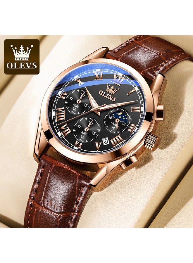 أوليفز OLEVS ساعات للرجال البني جلد الذهب حالة التناظرية الكوارتز الموضة الأعمال فستان ساعة اليوم التاريخ مضيئة للماء عادية الذكور ساعات المعصم - Image 1