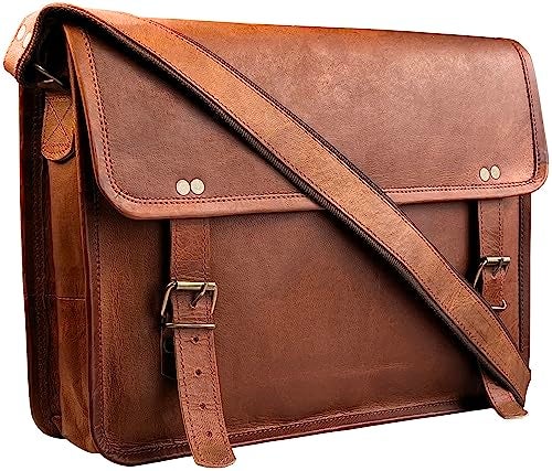RUSTIC TOWN Leather Messenger Bag for Men Women - Full Grain Leather Laptop Satchel Office Crossbody Shoulder Bag (15 Inch, Brown) - Image 1