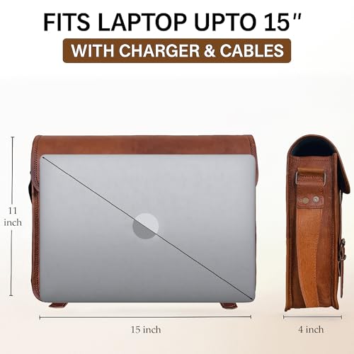 RUSTIC TOWN Leather Messenger Bag for Men Women - Full Grain Leather Laptop Satchel Office Crossbody Shoulder Bag (15 Inch, Brown) - Image 3