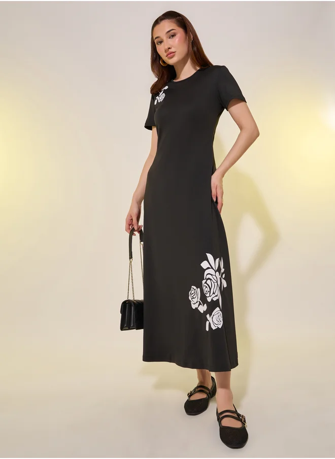 Styli Floral Print Short Sleeves A-Line Midi Dress