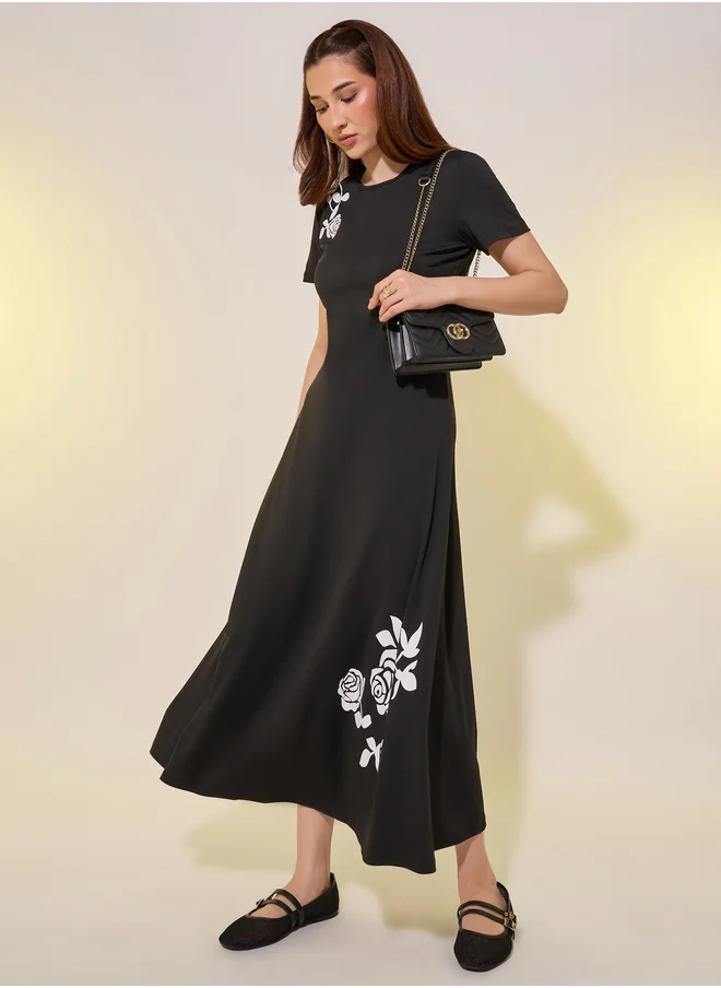 Styli Floral Print Short Sleeves A-Line Midi Dress