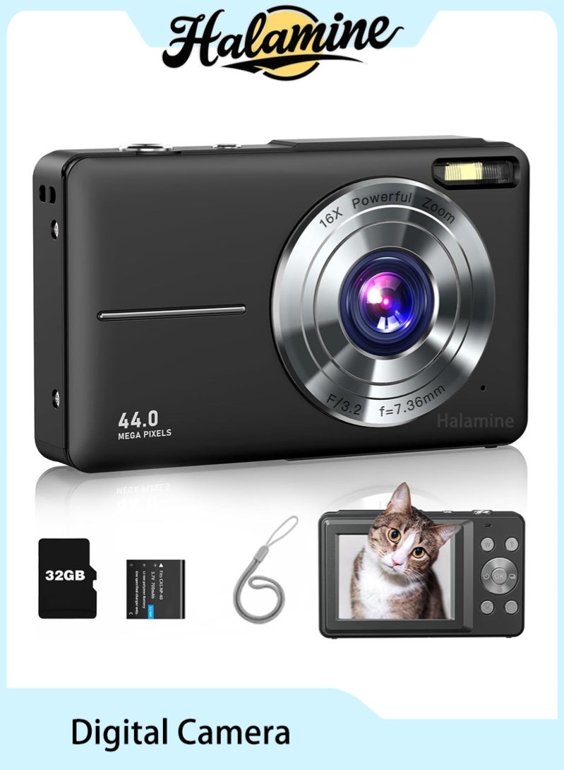 Halamine Digital Camera, kids camera,FHD 1080P Kids Camera,with 32GB Memory Card ,44MP Point Digital Camera , Compact Small Camera for Kids (Black) - Image 1