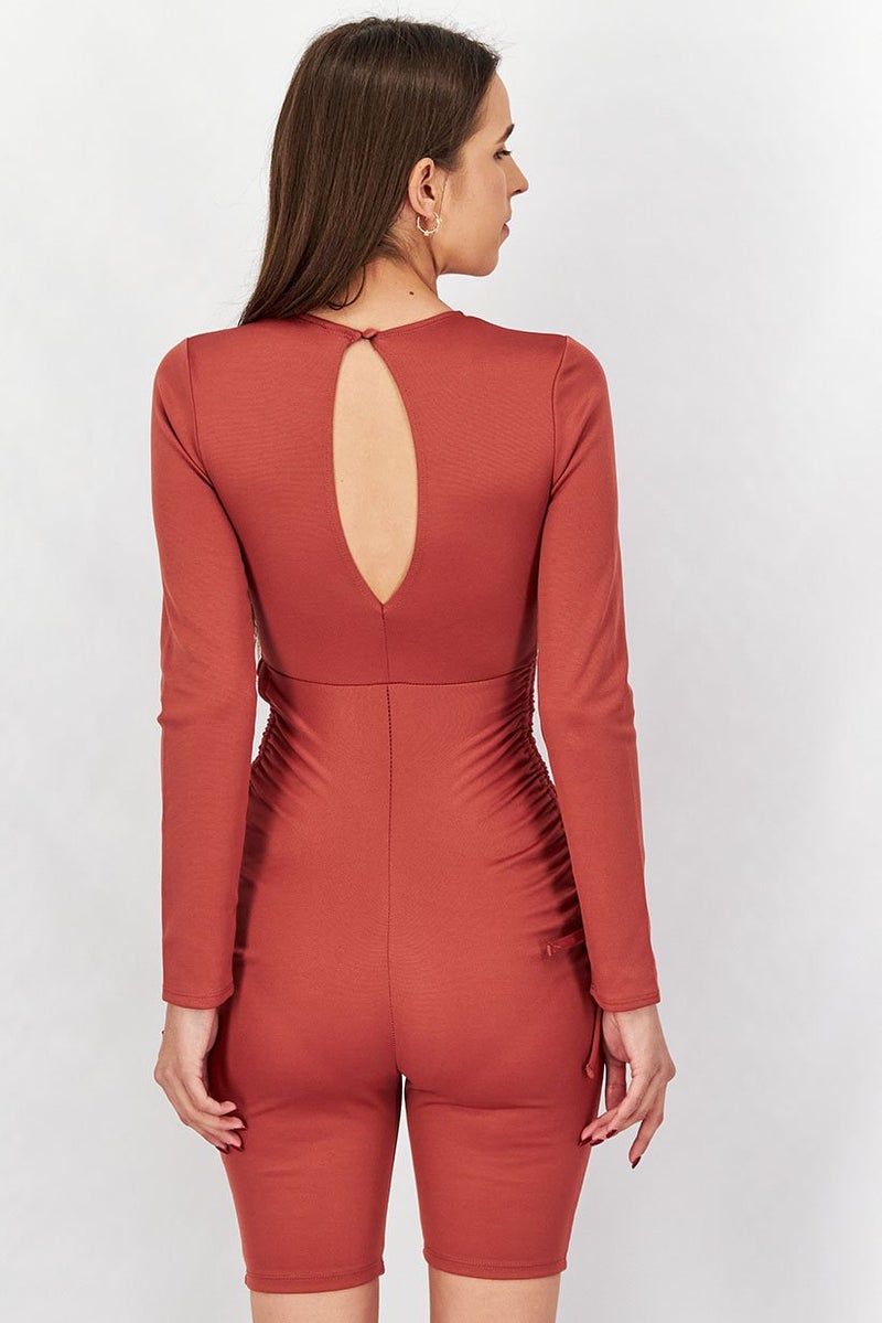 Asos Design Women Solid Ruched Side Long Sleeves Playsuit, Rust  - Image 3