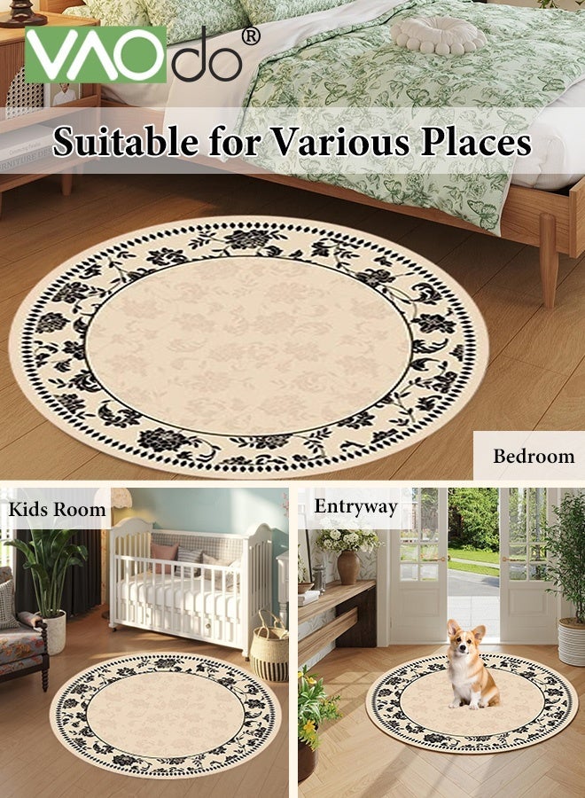 فاو دو سجادة كبيرة مستديرة، سجادة زخرفية ناعمة مانعة للانزلاق، سجادة دائرية قابلة للغسل ذات وبر قصير، سجادة بنمط رسم بالحبر عتيق لغرفة النوم وغرفة المعيشة وغرفة الملابس 120*120 سم - Image 2