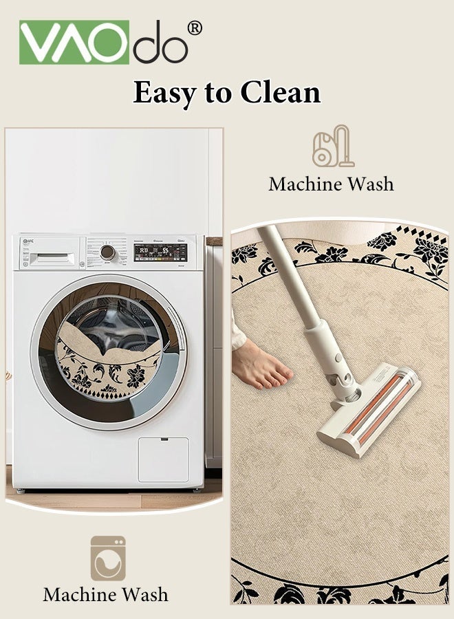 فاو دو سجادة كبيرة مستديرة، سجادة زخرفية ناعمة مانعة للانزلاق، سجادة دائرية قابلة للغسل ذات وبر قصير، سجادة بنمط رسم بالحبر عتيق لغرفة النوم وغرفة المعيشة وغرفة الملابس 120*120 سم - Image 5