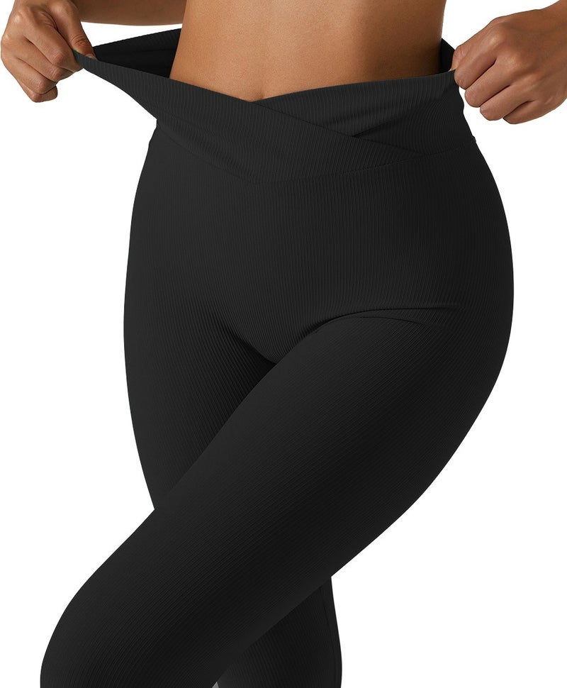 Liona Black Color Crossover Thin Ribbed Slimming High Waist Slimming Leggings  - Image 1