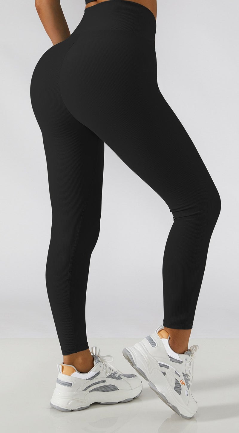 Liona Black Color Crossover Thin Ribbed Slimming High Waist Slimming Leggings  - Image 5