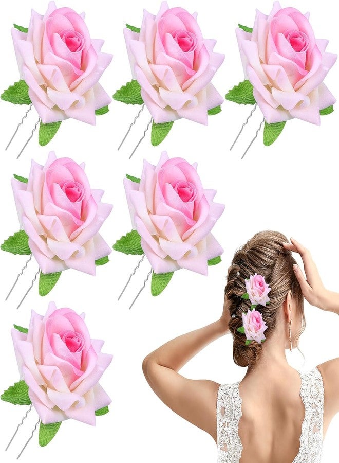 FLUSHIA 6 قطع من دبابيس الشعر على شكل زهرة وردية، دبابيس شعر صناعية على شكل زهرة وردية للنساء، دبابيس شعر مزينة بدبابيس صناعية للعرائس ووصيفات العروس، إكسسوارات شعر على شكل وردة وردية لعيد الميلاد وحفلات الزفاف. - Image 1
