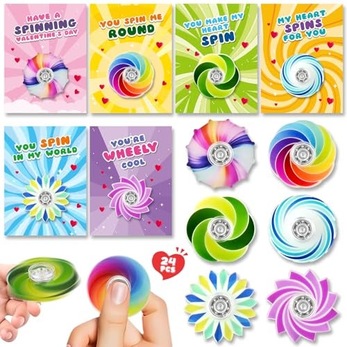 Letapapa 24Pack Valentines Day Cards For Kids with Fidget Spinner Toys Valentines Greeting Cards for Kids School Classroom Valentines Gifts Exchange Valentines Party Favors Prizes for Boys Girls - Image 1