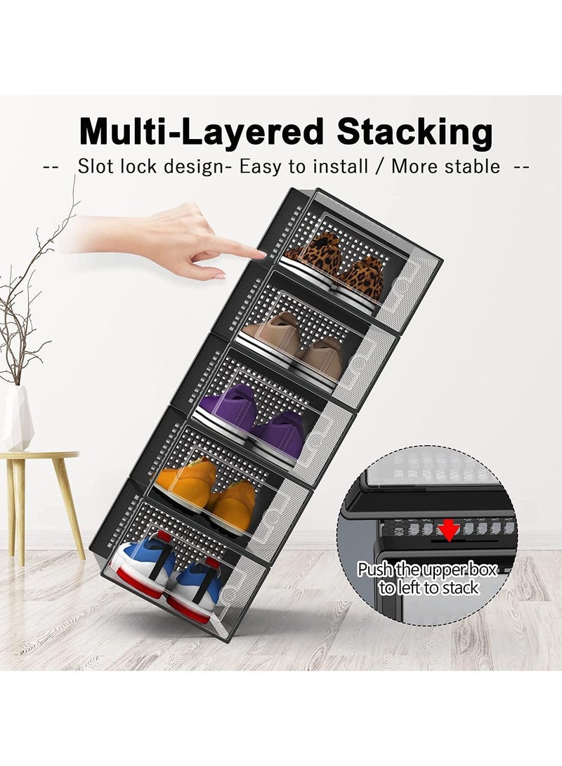 AUTOYSUR Large Shoe Organizer Storage Boxes for Closet, Fit Size 11, Clear Plastic Stackable Sneaker Containers Bins with Lids, Great Substitute for Shoe Rack, Space Saving for Entryway, Black, 12 Pack  - Image 3